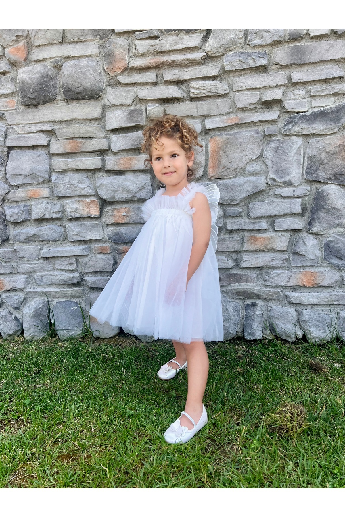 penu baby kids Beyaz Askılı Tül Jile Arkası Kelebek Kanatlı Kız Çocuk Kız Bebek Elbise fotoğrafı 3 (önizleme)