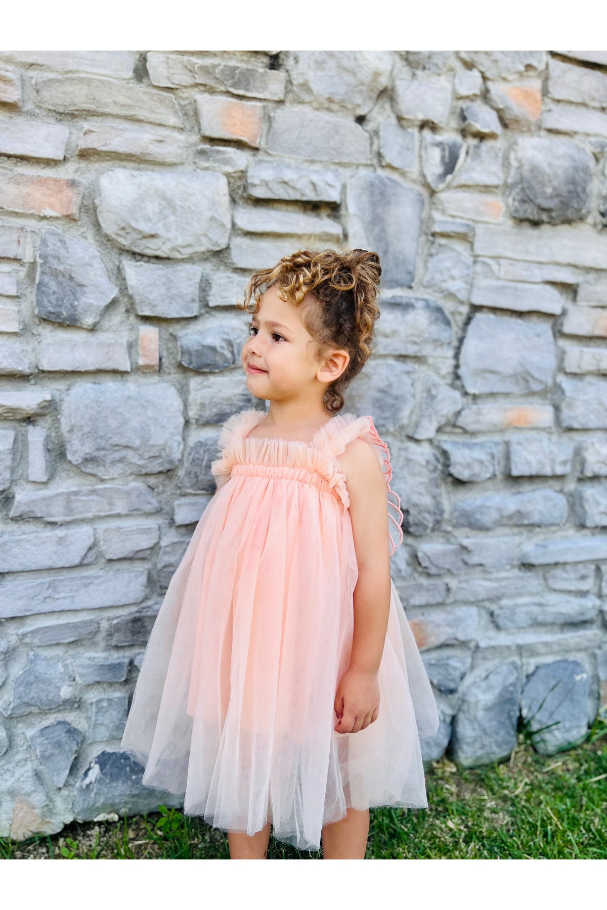 penu baby kids Somon Askılı Tül Jile Arkası Kelebek Kanatlı Kız Çocuk Kız Bebek Elbise fotoğrafı 5 (önizleme)