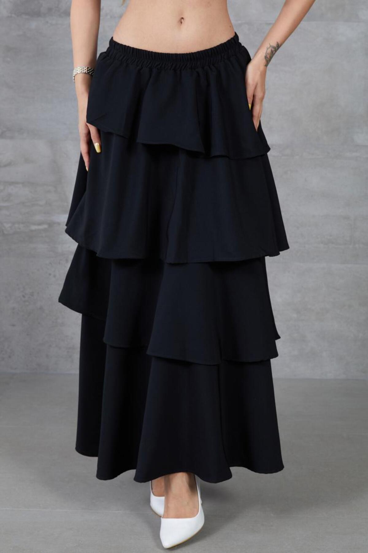 New Laviva  Kadın Siyah Volanlı Kat Kat Beli Lastikli Tesettüre Uygun Kupra Astarlı Krep Etek - Görsel 8