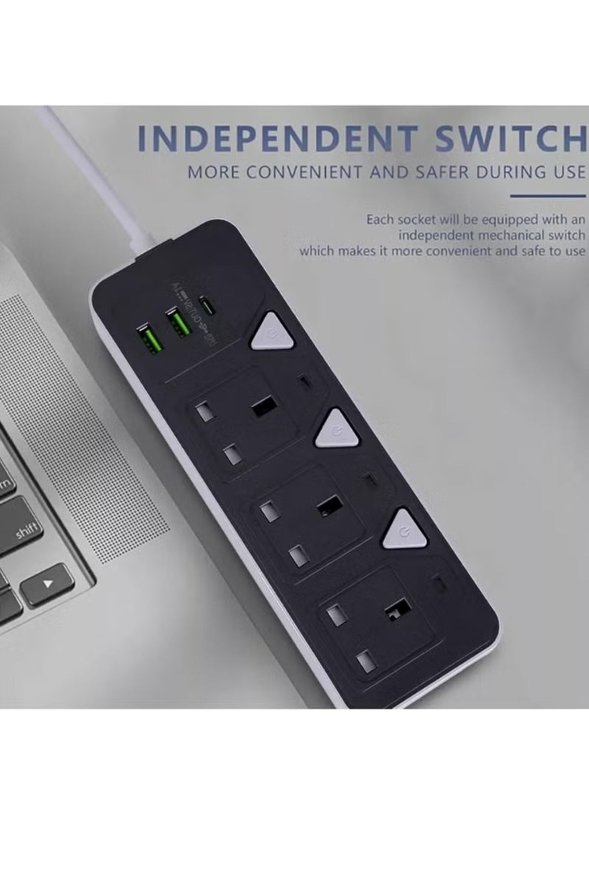 powermax-MX55 6 في 1 مقبس تمديد الطاقة - 2500 واط تمديد شريط الطاقة مع 3 منافذ تيار متردد + 2 USB + 1 PD 1