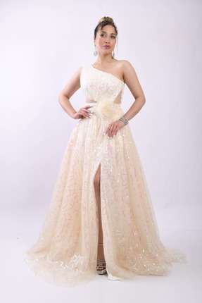 Elysion Collection KADIN ABİYE PAYETLİ PARLAK TÜL TEK KOL ÇİÇEK APLİKLİ ŞIK G...