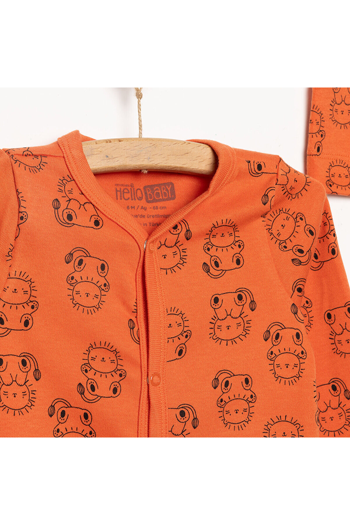 ebebek Hello Baby HelloBaby Yenidoğan Erkek Bebek Tulum-Bere 2li Takım İnterlok Hayvan Desenli Patikli Paça Turuncu fotoğrafı 3 (önizleme)