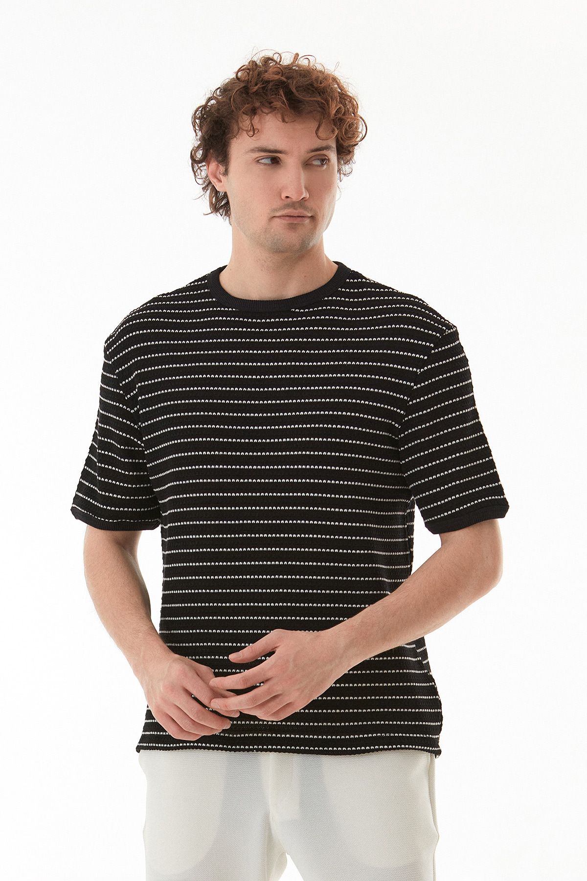 Fulla Moda-Πλεκτό μπλουζάκι με ριγέ Crew Neck 3