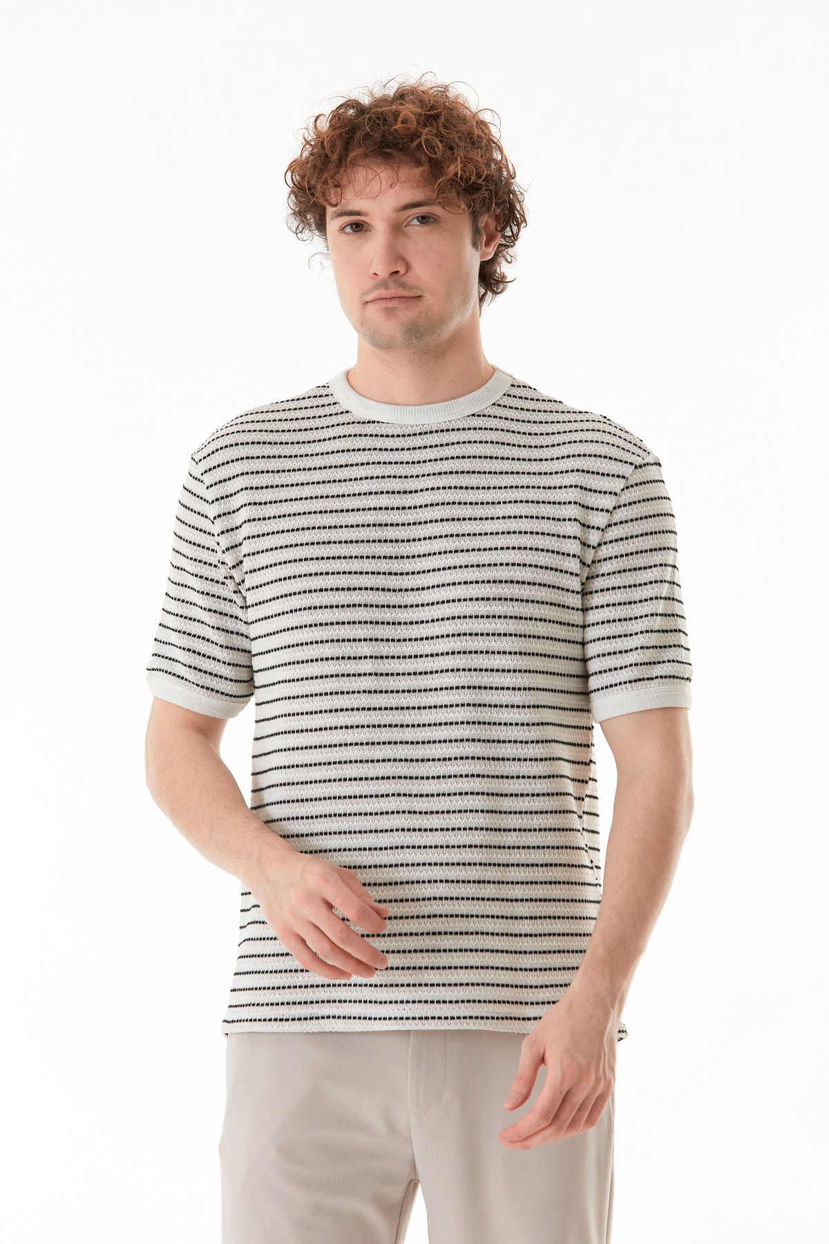 Fulla Moda-Striped Crew Neck Knitwear Knitted T-Shirt 1