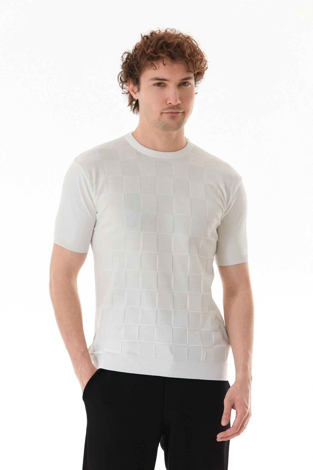 Fulla Moda-Checkerboard Patterned Knitwear T-Shirt 1
