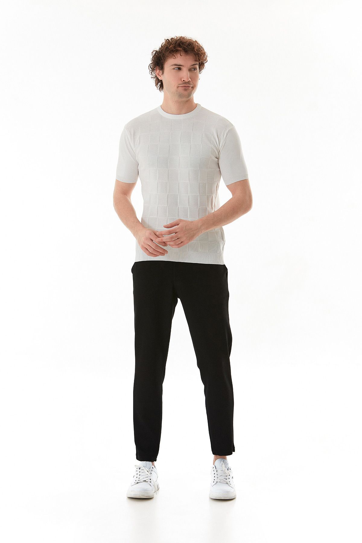 Fulla Moda-Checkerboard Patterned Knitwear T-Shirt 2