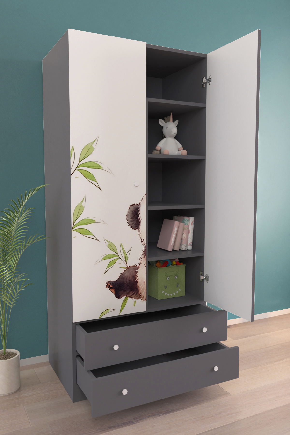 hediye kapında Bamboo Gardırop 5 Raflı 2 Çekmeceli 2 Kapaklı Askılı Elbise Dolabı-Antrasit fotoğrafı 3 (önizleme)