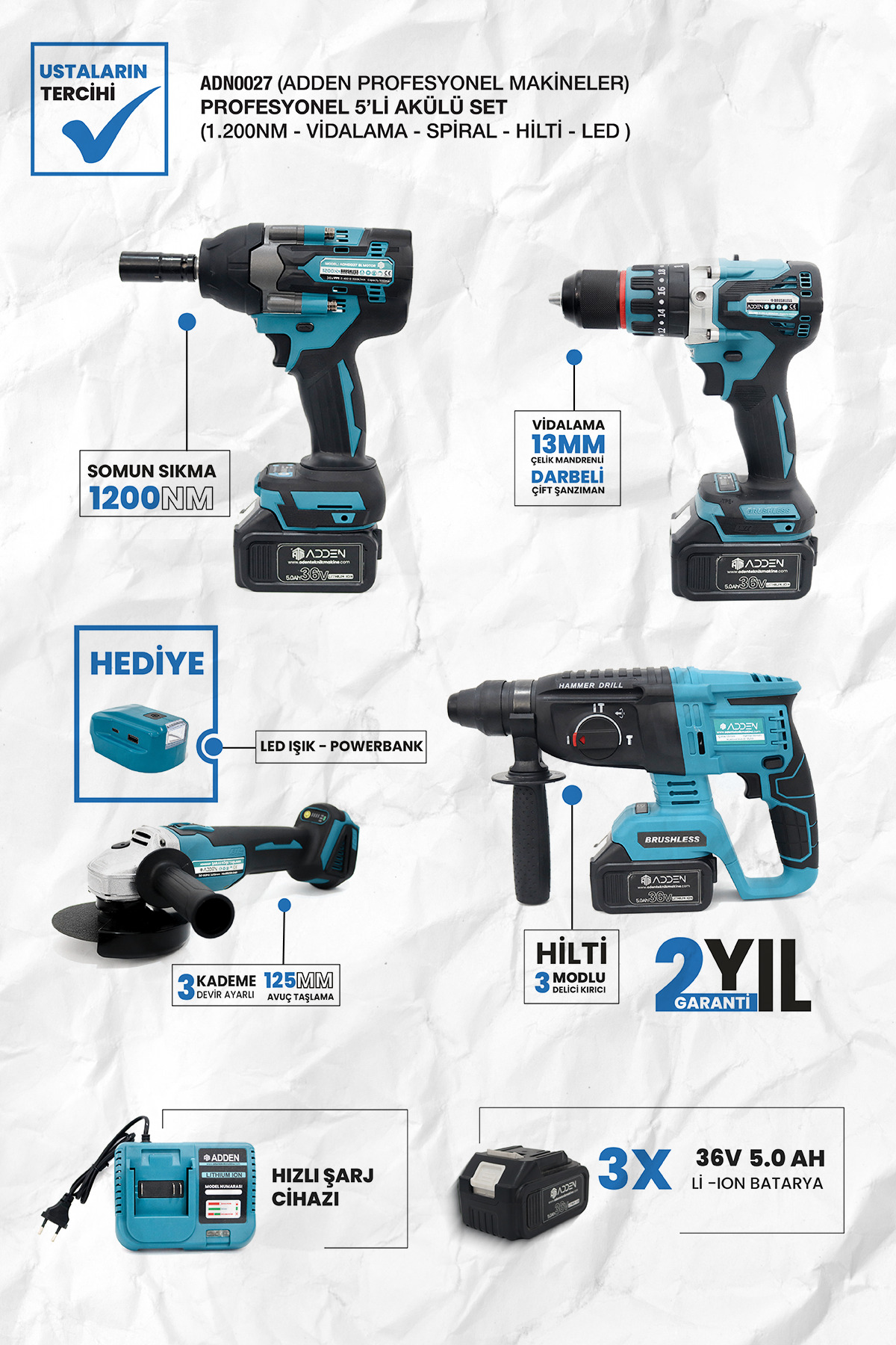 ADDEN ADN0027 5'li Kömürsüz Motorlu Şarjlı Set 1200Nm Somun Sıkma