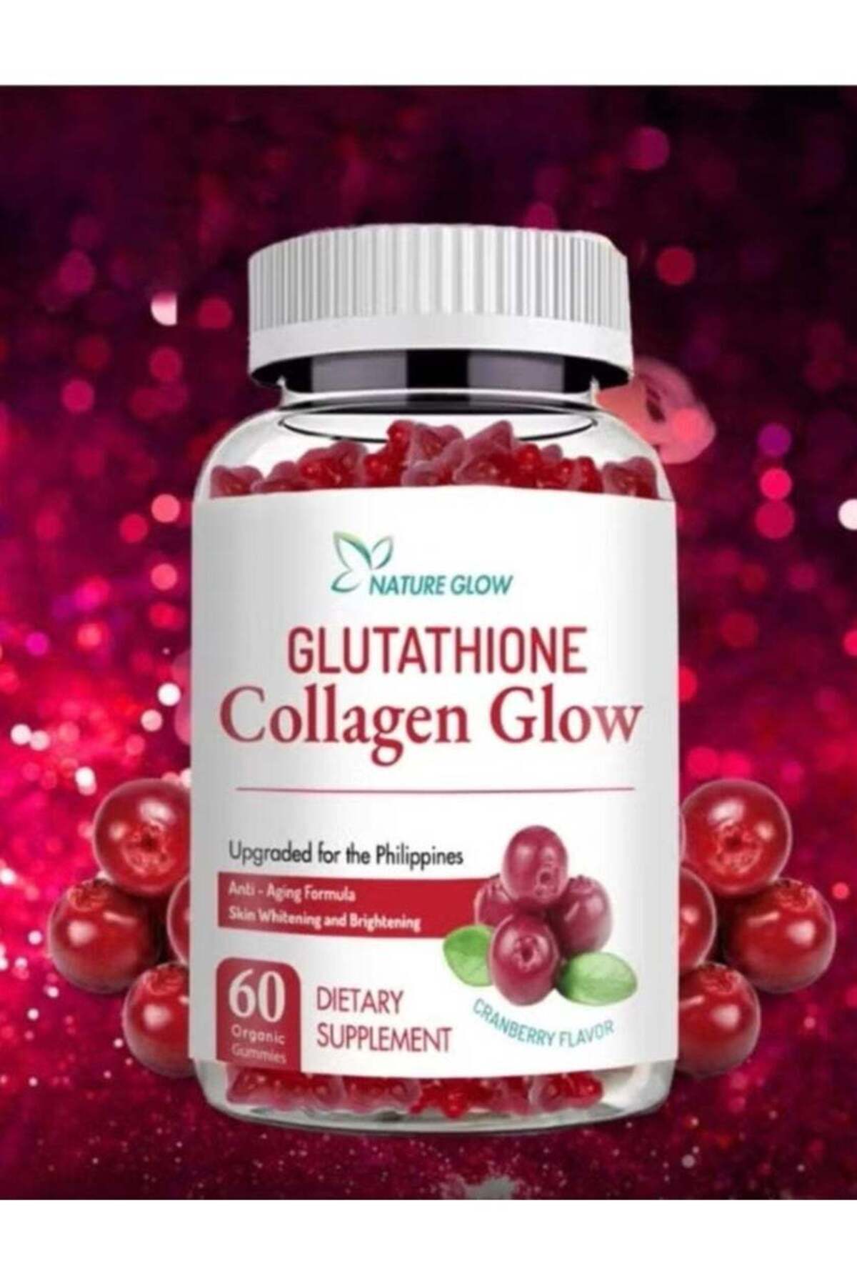 GLUTATHIONE Nature Glow Collagen Glow ,cranberry flavor 60 organic gummies.