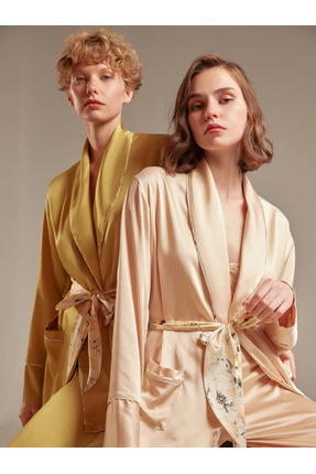 BONJOUR MADAME Saten Pantolon Sabahlık Sütyen 3'Lü Set Pijama Takım Yeşil BM-...