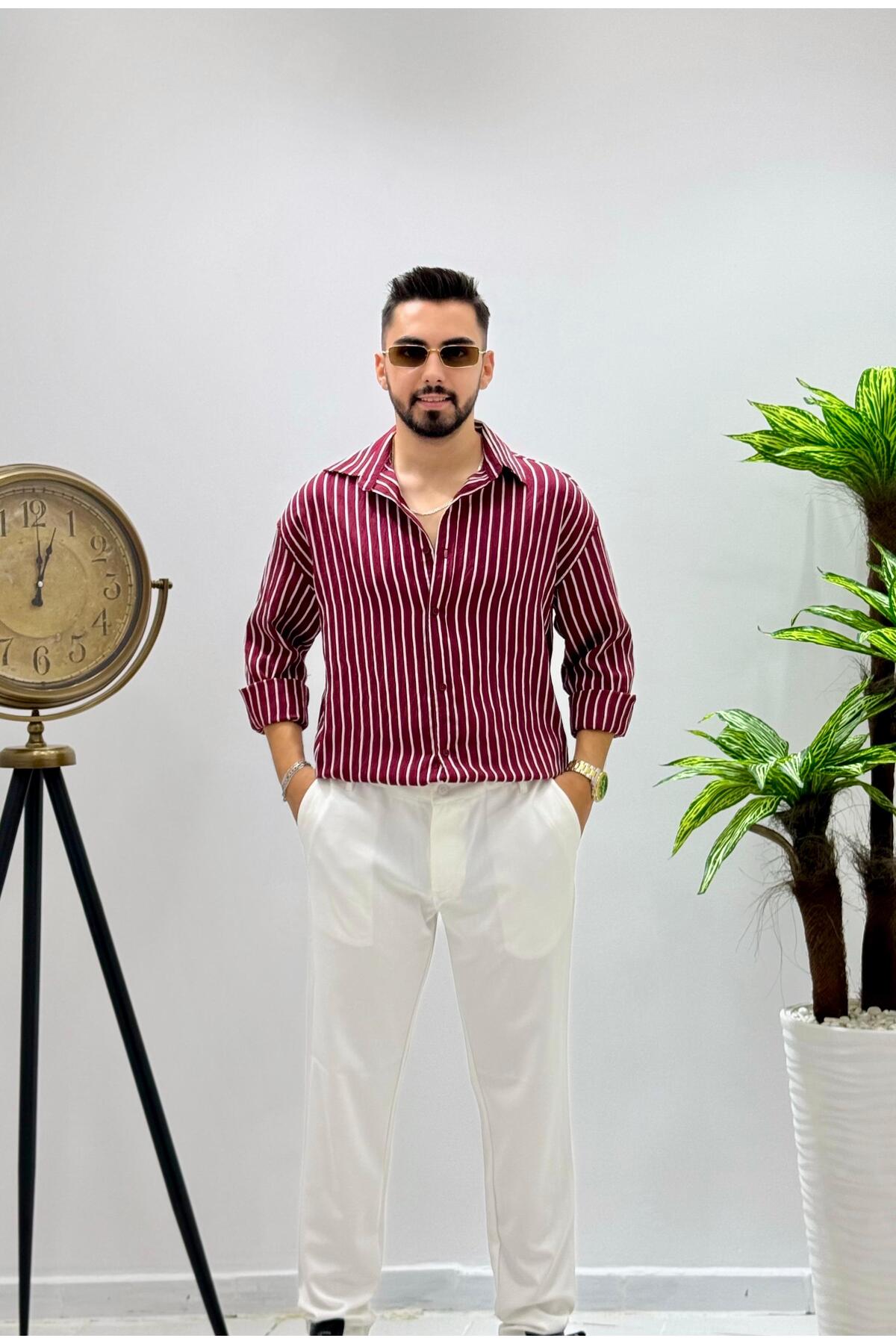 Erkek Olive Efektif Keten Oversize Çizgili Gömlek — زرشکی Eşref-1 — تصویر 3 از 5