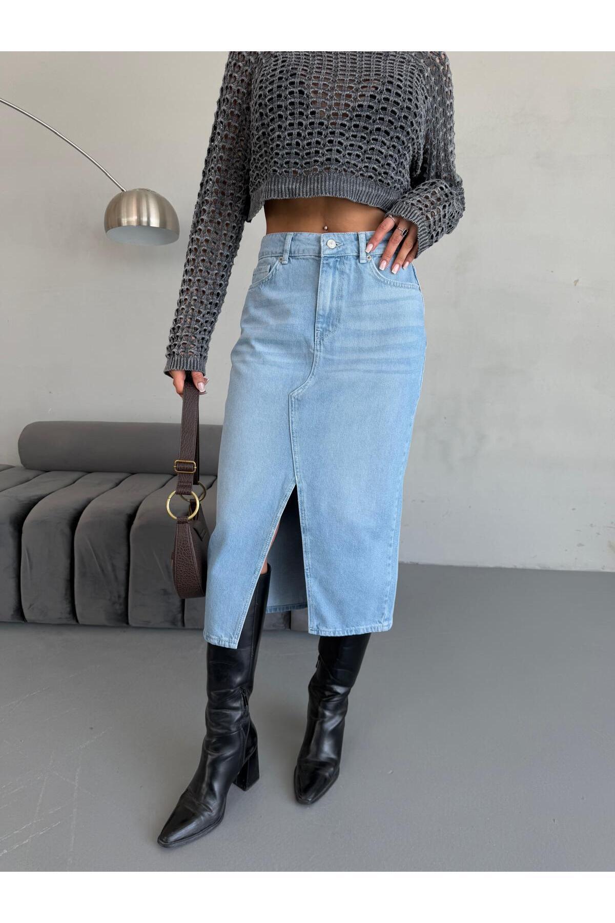 Zeo Basic-FUSTA DE DENIM ALBASTRU PROASPAT DE LUNGIME MIDI PENTRU FEMEI 5
