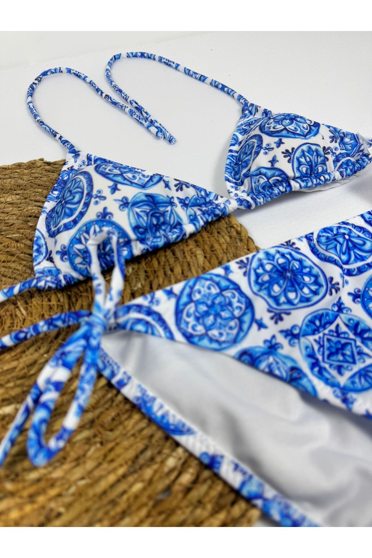 FUNELLA-Stylish Lycra Blue Patterned Double Triangle Bikini Set 6