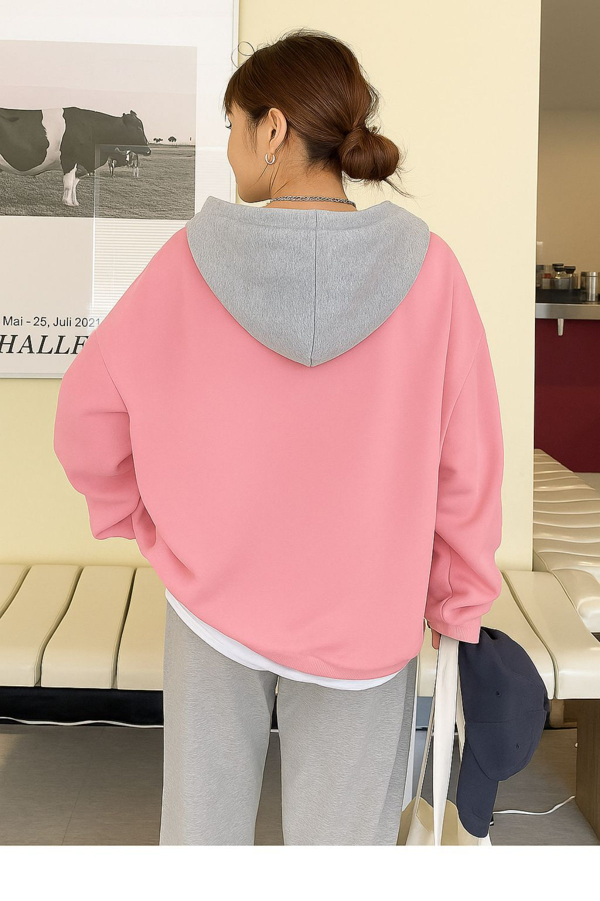Machetta Pembe Kapüşon Gri Baskısız 3 iplik Oversize Polar Ceket - Hırka görsel 2