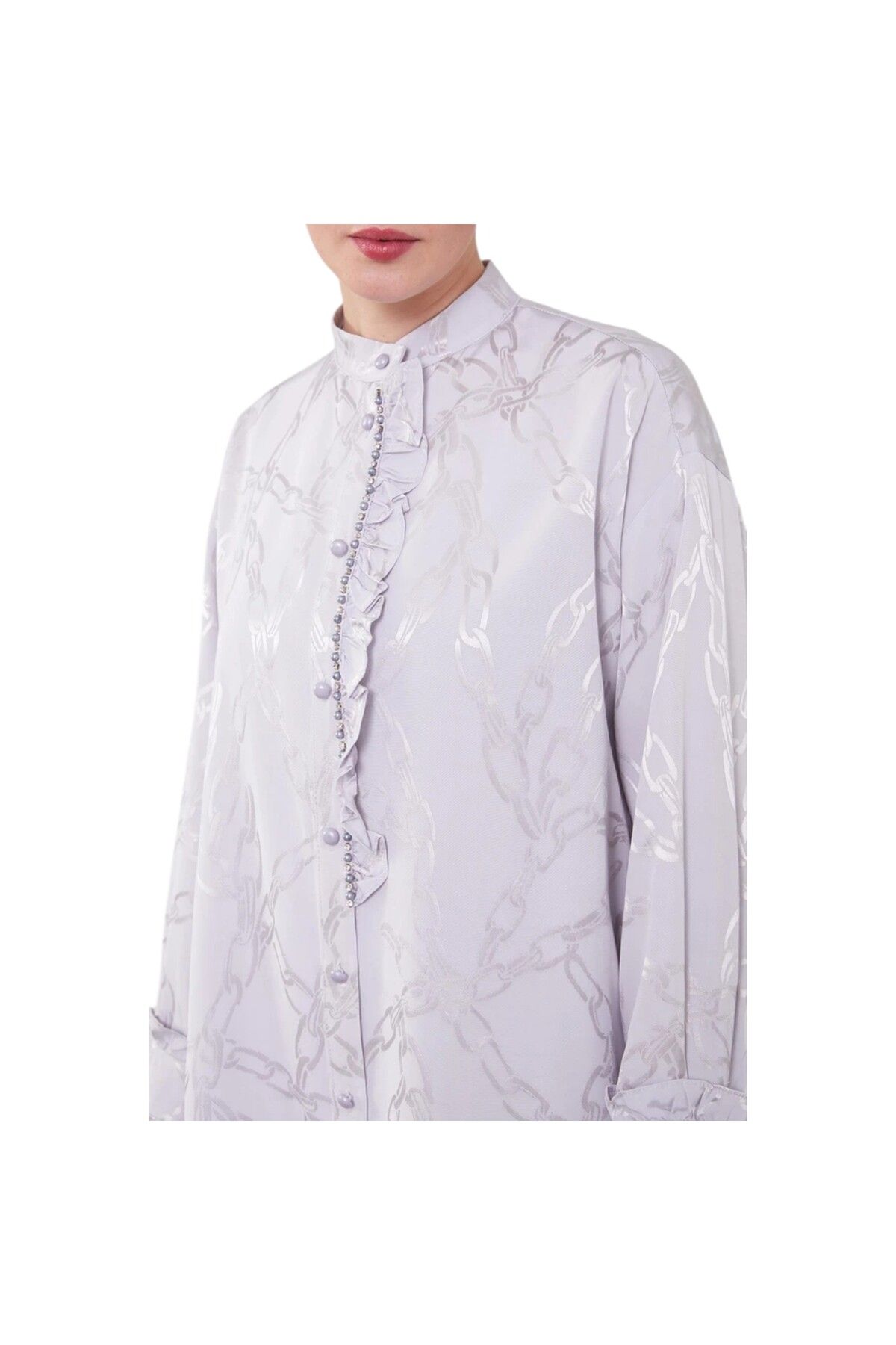Levidor-Ruffle Button Detailed Chain Pattern Double Suit 5