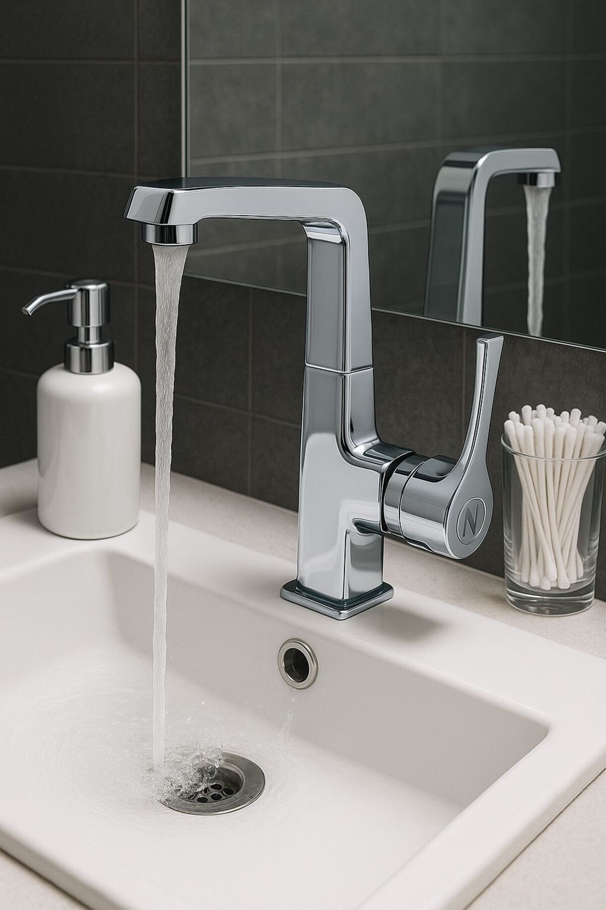 RENA DESIGN LAVABO BATARYASI KROM BANYO MUSLUK AĞIR PRİNÇ YÜKSEK GÖVDE DÖNER BORU MODERN LÜKS ARMATÜR GÜMÜŞ GRİ