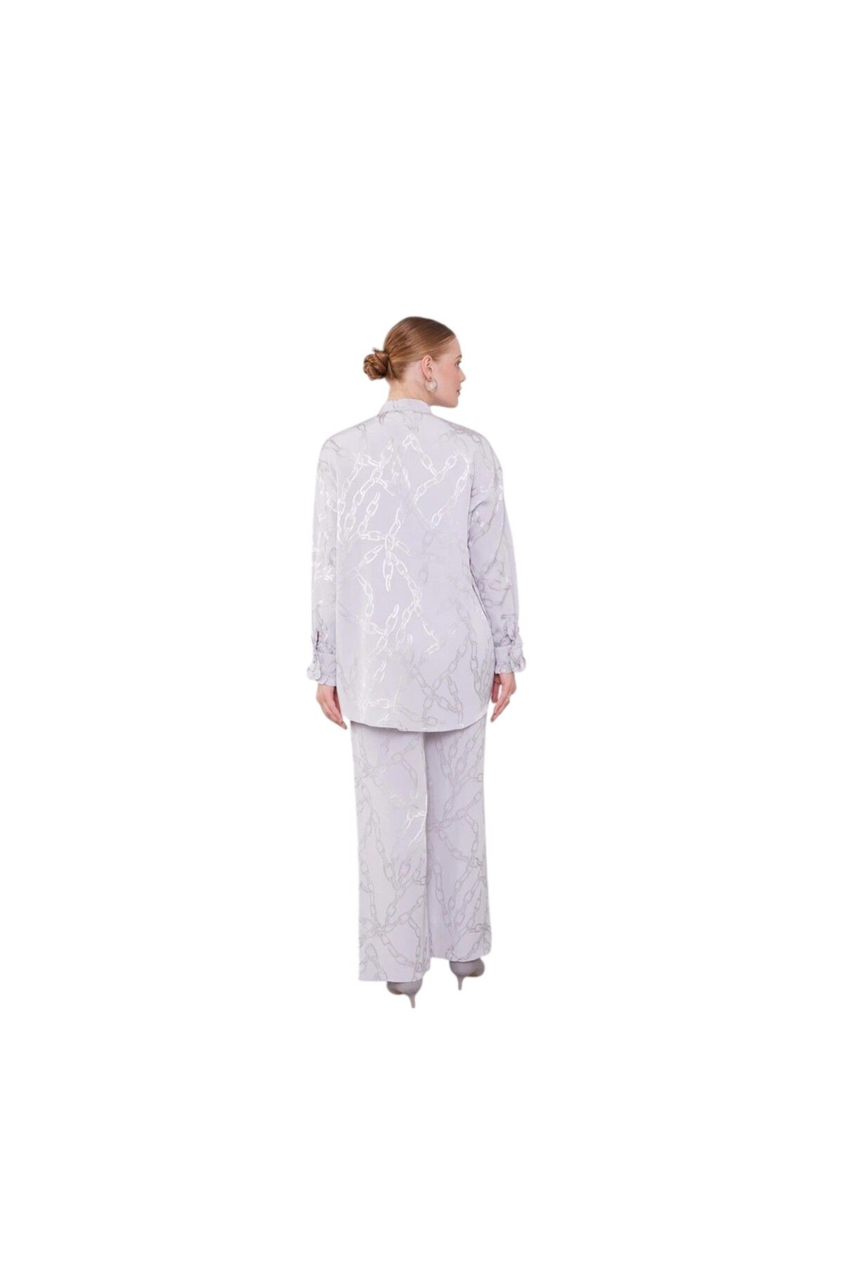 Levidor-Ruffle Button Detailed Chain Pattern Double Suit 4