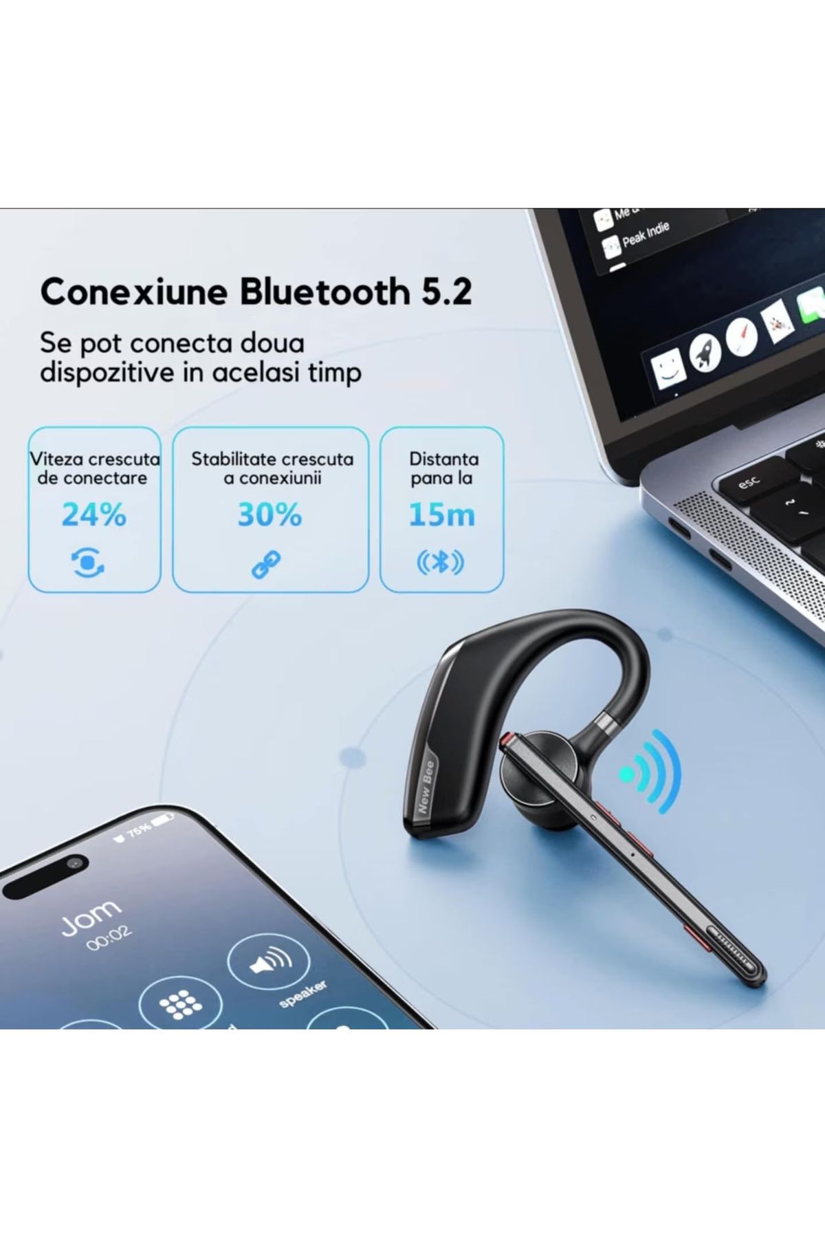 New Bee-Căști Bluetooth fără fir, baterie de 500 mAh cu autonomie de 60 de ore, cu microfon dual CVC 8.0 6