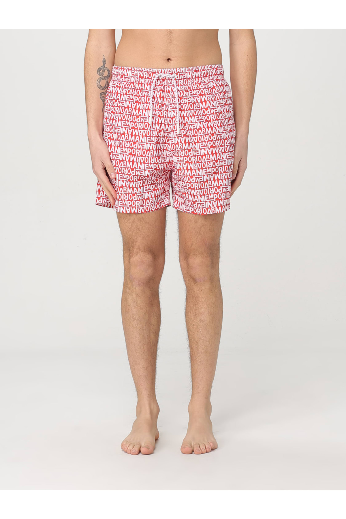 امپوریو آرمانی مایو مردانه کمر کشی با طرح لوگوی برند و طول کوتاه، رنگ قرمز، سفید، مدل EM000583، AF12343-F5006