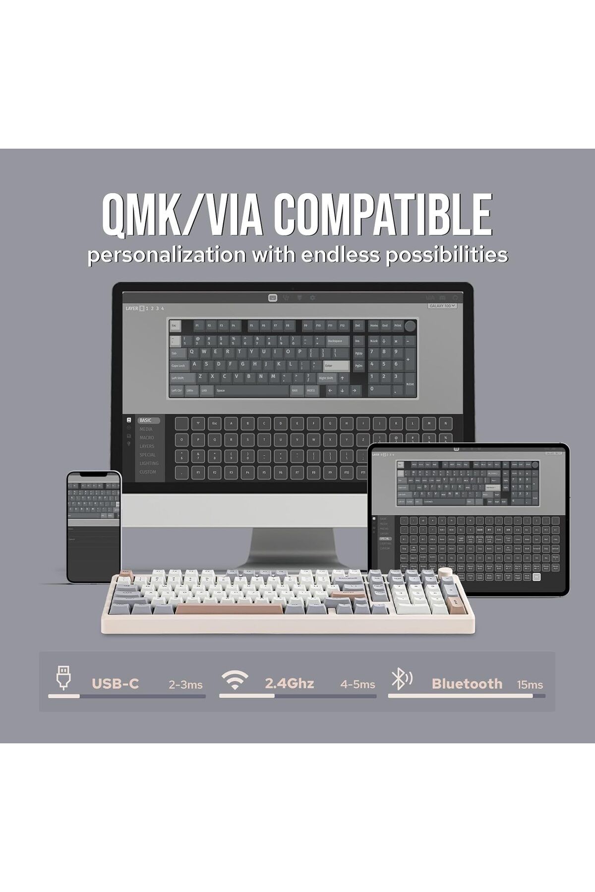 Epomaker-لوحة مفاتيح ألعاب لاسلكية Galaxy100 QMK/VIA، هيكل من الألومنيوم، بلوتوث/2.4 جيجاهرتز/USB-C، مسبقة التجهيز 7