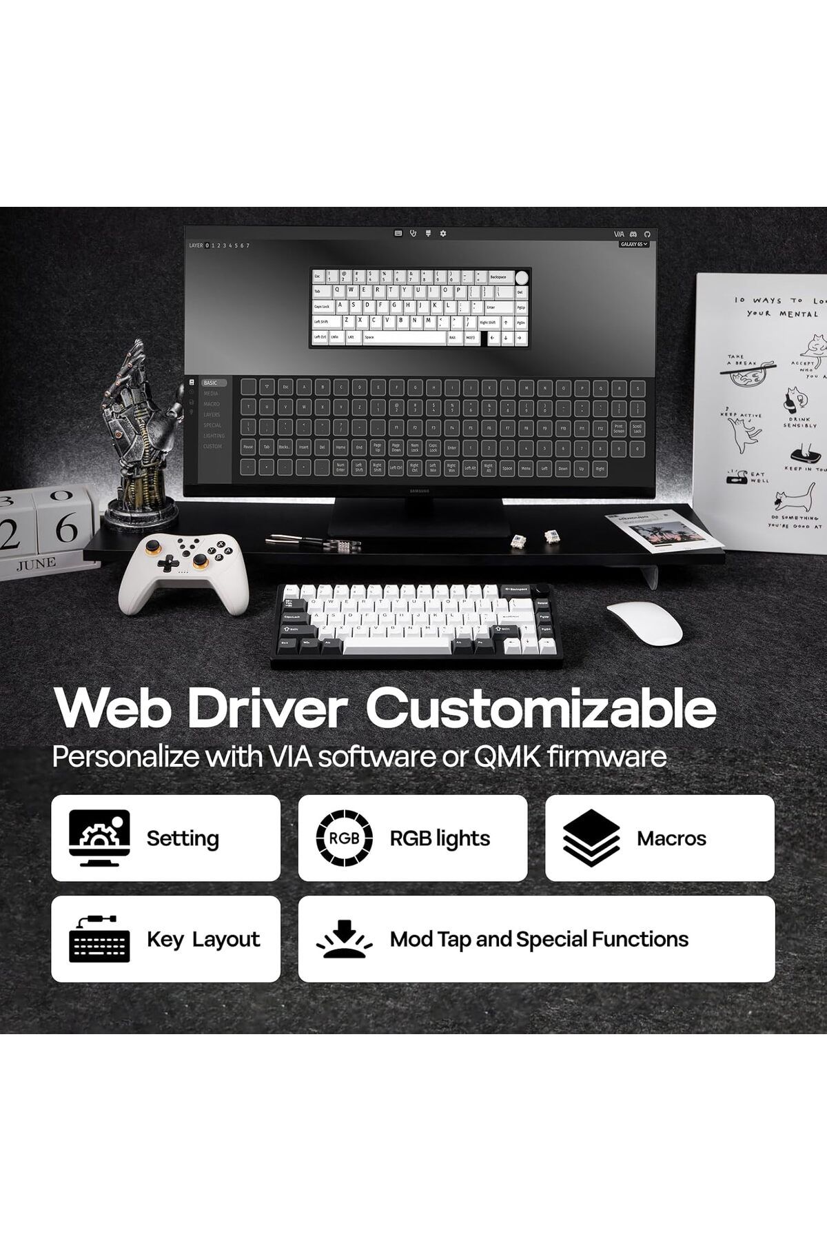 Epomaker-لوحة مفاتيح ميكانيكية لاسلكية Galaxy65 QMK/VIA، مصنوعة من الألومنيوم المؤكسد مع خاصية التقاط الكرة 7