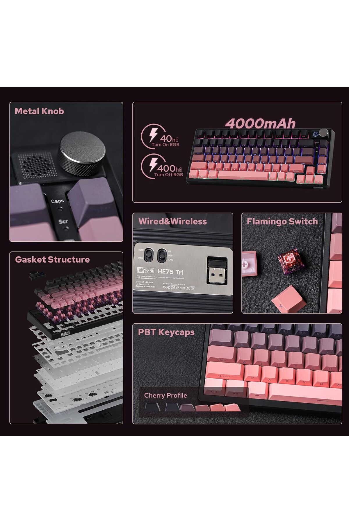 Epomaker-HE75 Mechanical Keyboard with Changeable Knob Module, Wireless Gaming Keyboard with 4000mAh 3
