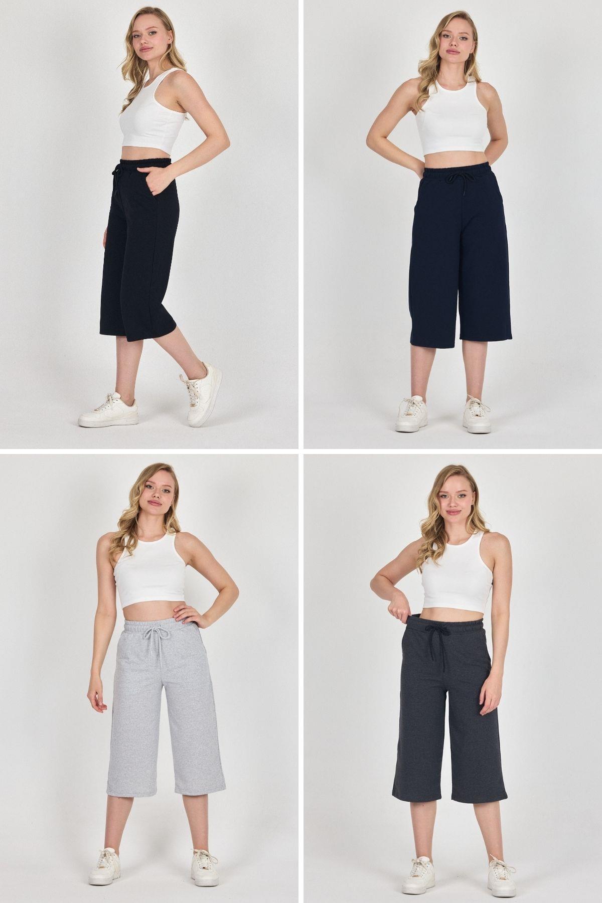 High Waist Pocket Casual Cut Seasonal Women's Knee Pants 4-Piece Bermuda Black-Navy Blue-Gray-Anthracite Capri