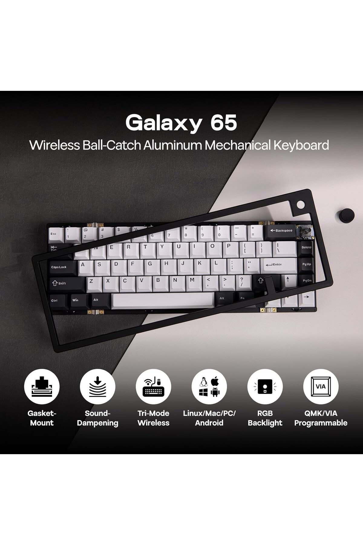 Epomaker-لوحة مفاتيح ميكانيكية لاسلكية Galaxy65 QMK/VIA، مصنوعة من الألومنيوم المؤكسد مع خاصية التقاط الكرة 3