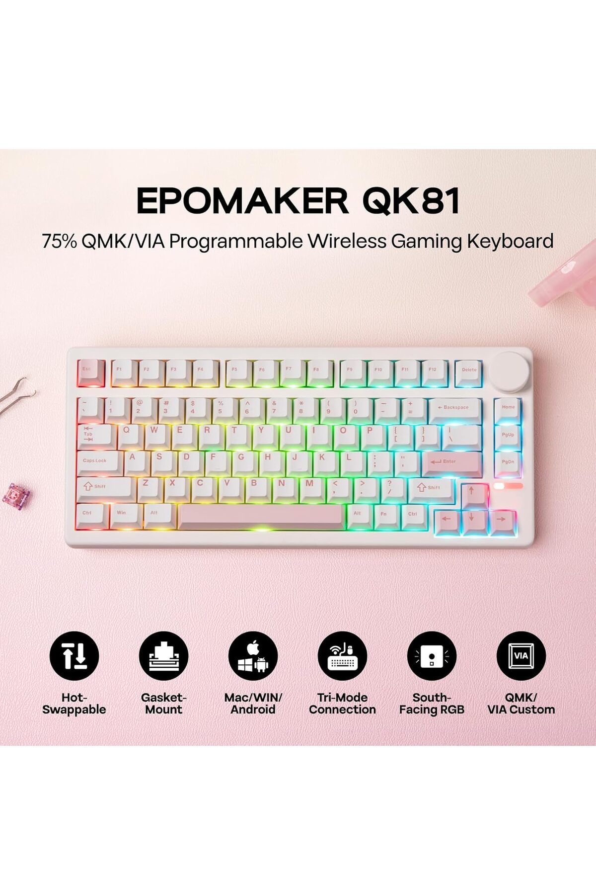 Epomaker-لوحة مفاتيح الألعاب الميكانيكية اللاسلكية QK81 75%، قابلة للبرمجة والتبديل السريع بتقنية QMK/VIA، 81 كيلو هرتز 3