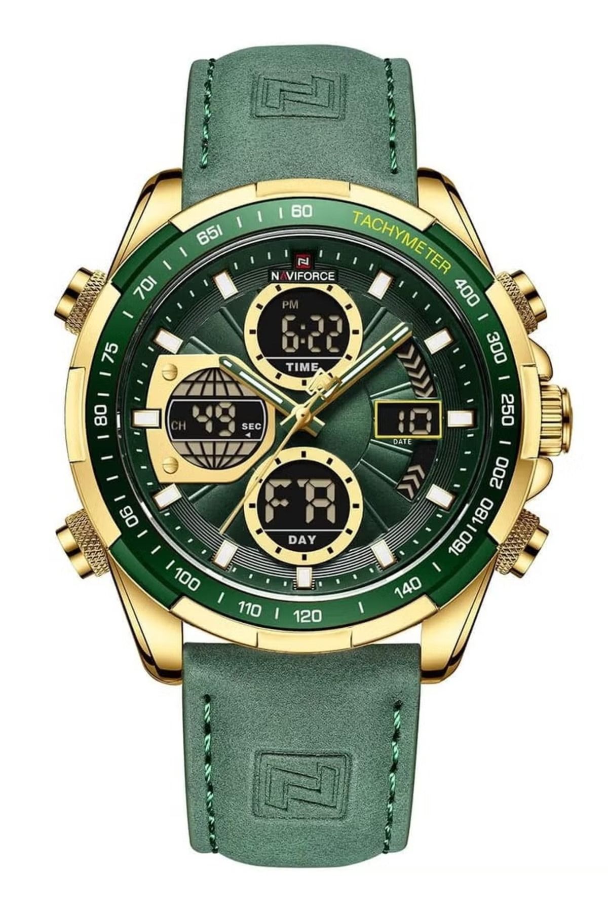 Naviforce-Stylish Mens Dual Time Quartz Watch with Green Dial Gold Case Leather Strap Analog Digital Display 1