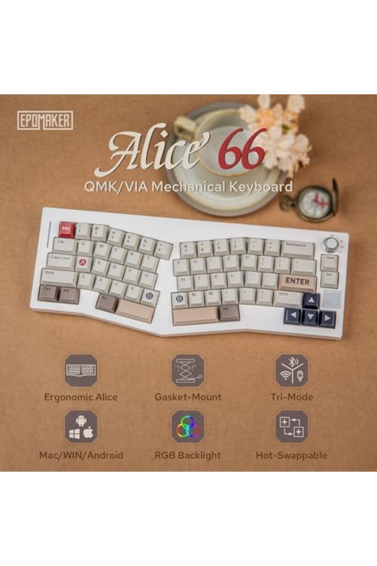 Epomaker-لوحة مفاتيح الألعاب اللاسلكية Alice 66، لوحة مفاتيح ميكانيكية قابلة للبرمجة Alice Layout QMK/VIA، B 4