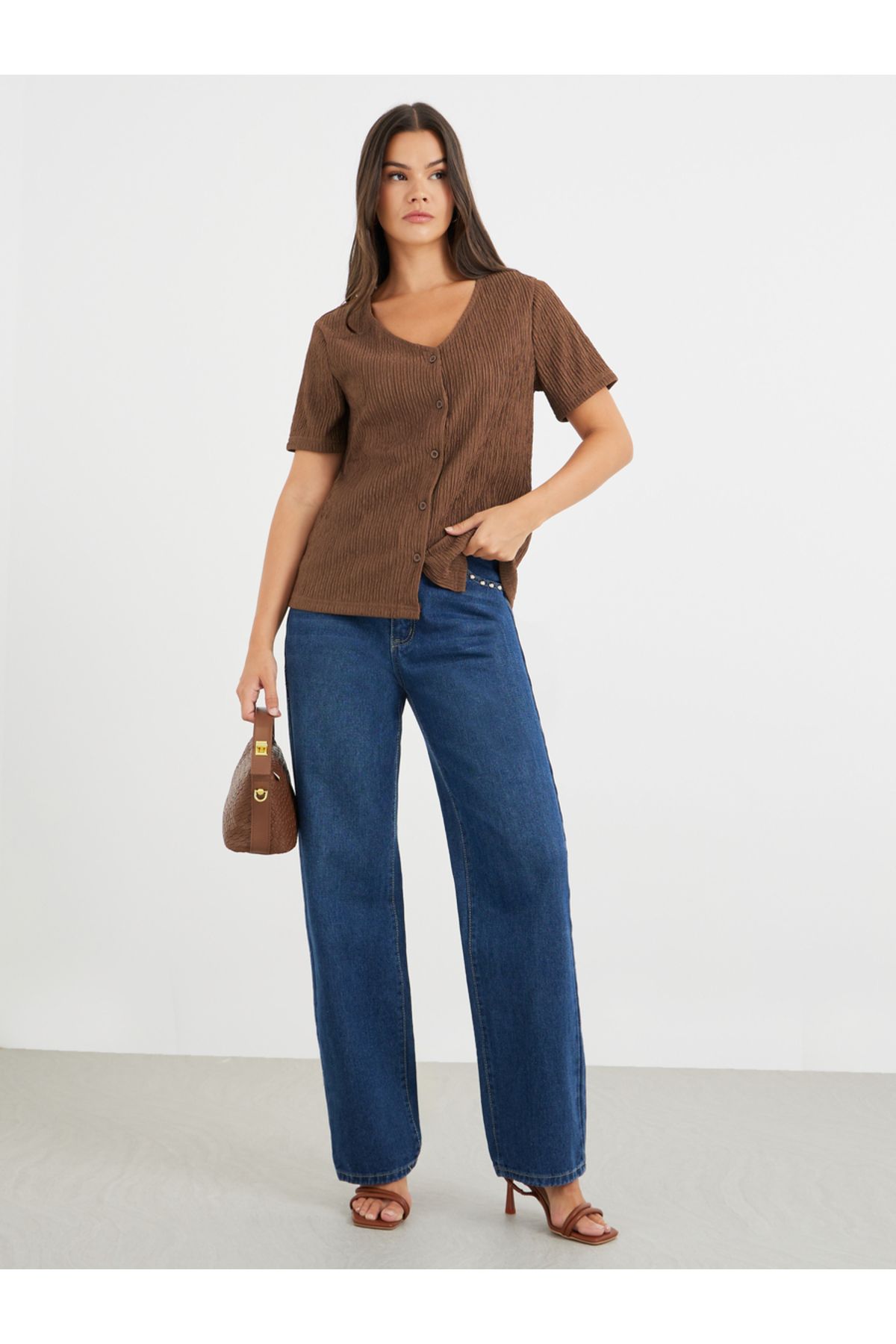Styli-Textured V-Neck Front Button Blouse 2