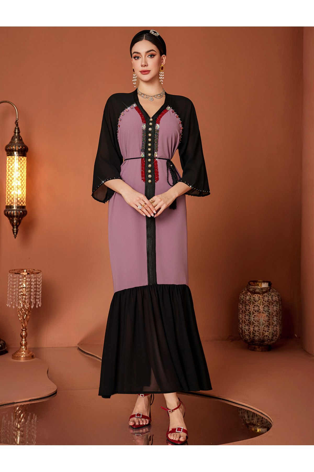 Take Two By Styli-Embellished Color Block Beaded Ruffle Hem Jalabiya 4