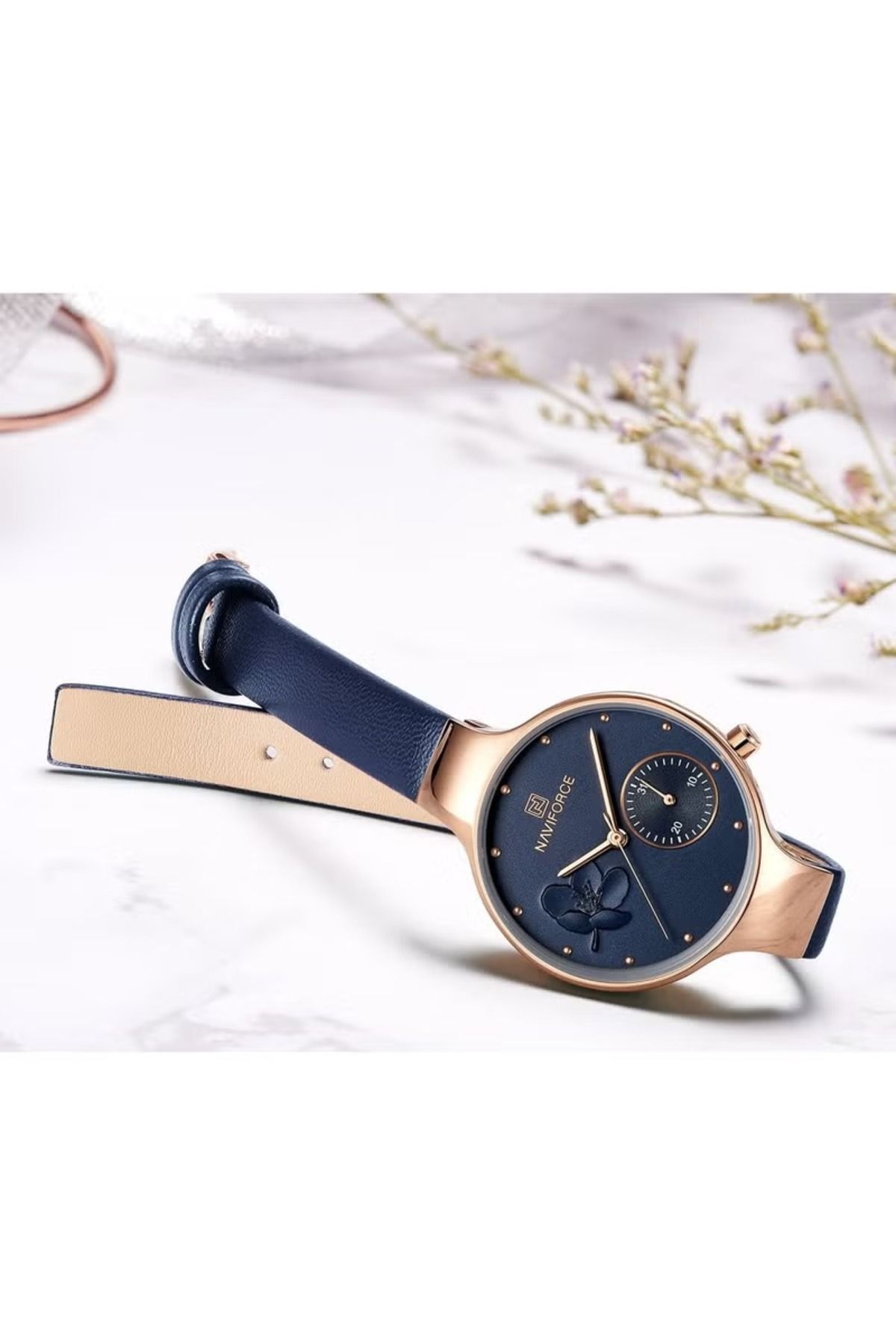 Naviforce-Elegant Women's Quartz Watch Stylish Round Dial with Floral Embossed Design Sub-Dial Display 3