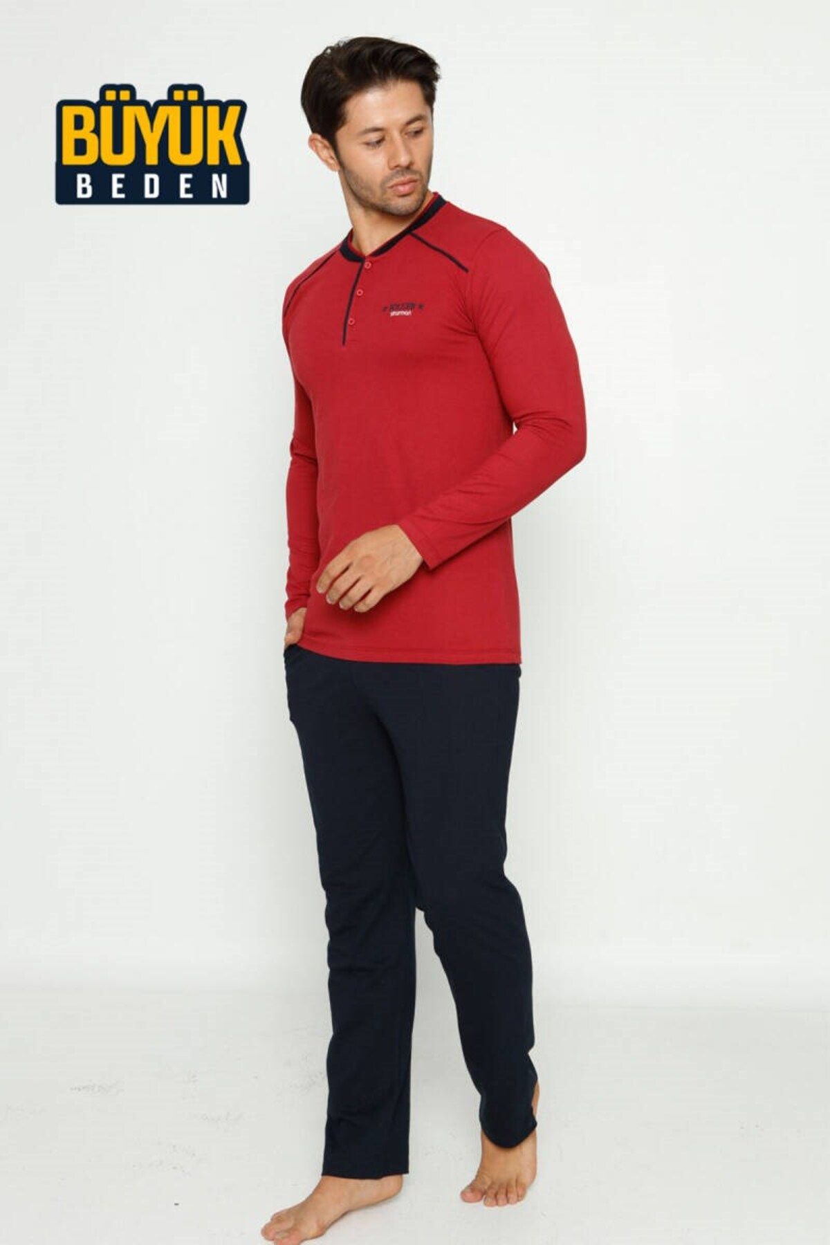 ALİMER-Men's 3 Buttons Cotton Lycra Plus Size Long Sleeve Pajama Set with Pockets 2