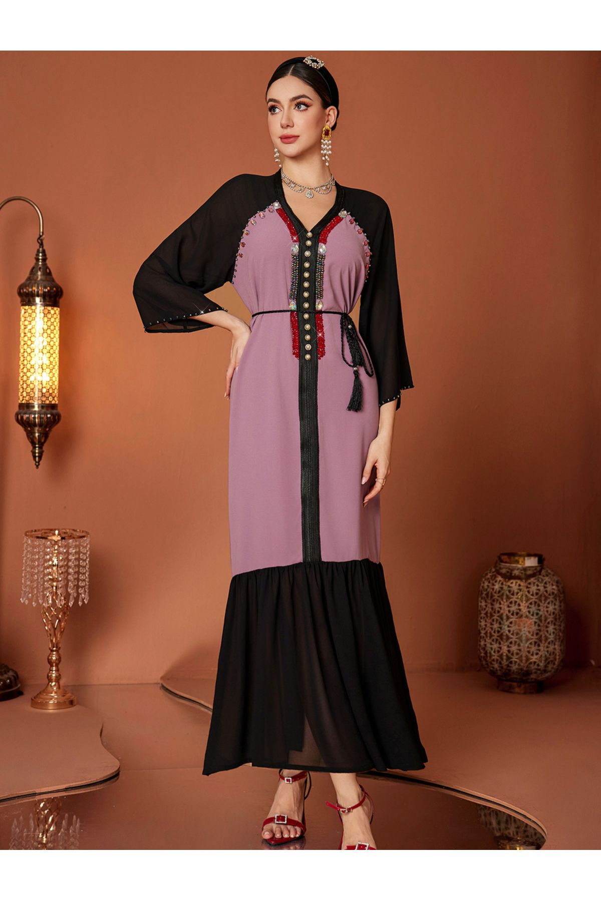 Take Two By Styli-Embellished Color Block Beaded Ruffle Hem Jalabiya 5