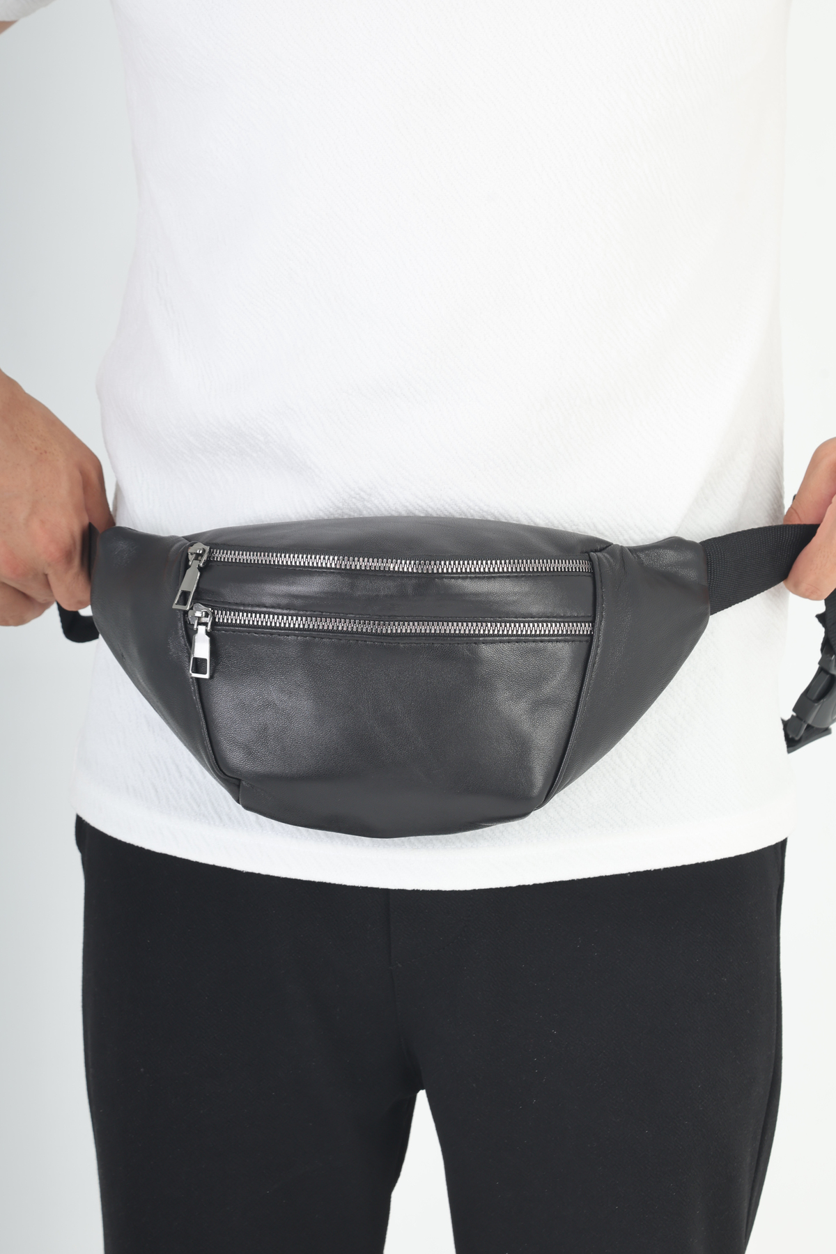 NahitaTyana  Unisex Hakiki Deri Siyah Bel Çantası Çok gözlü - Görsel 6