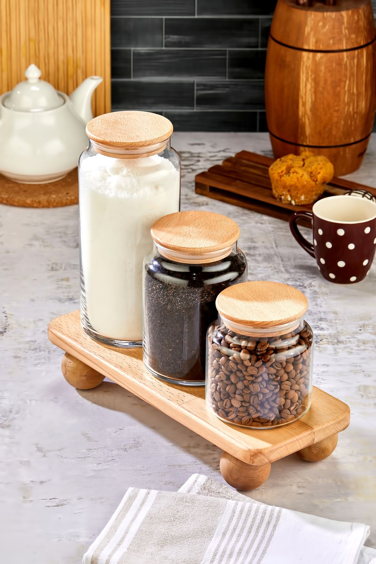 MODA OZY-Set of 3 Vacuum Jars with Wooden Lid Storage Container with Stand 1300/800/500ml 2