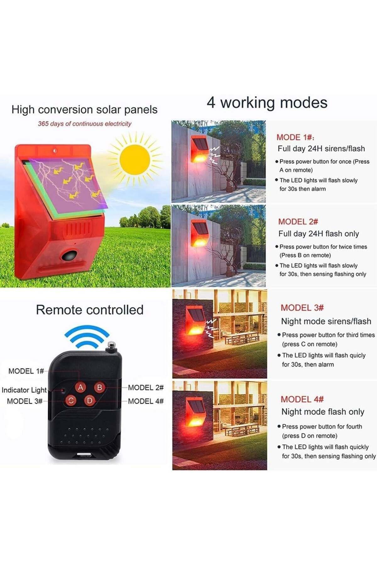 divendi-ro-Solar alarm with motion sensor and remote control, 4 working modes, 129 dB. red-black 10