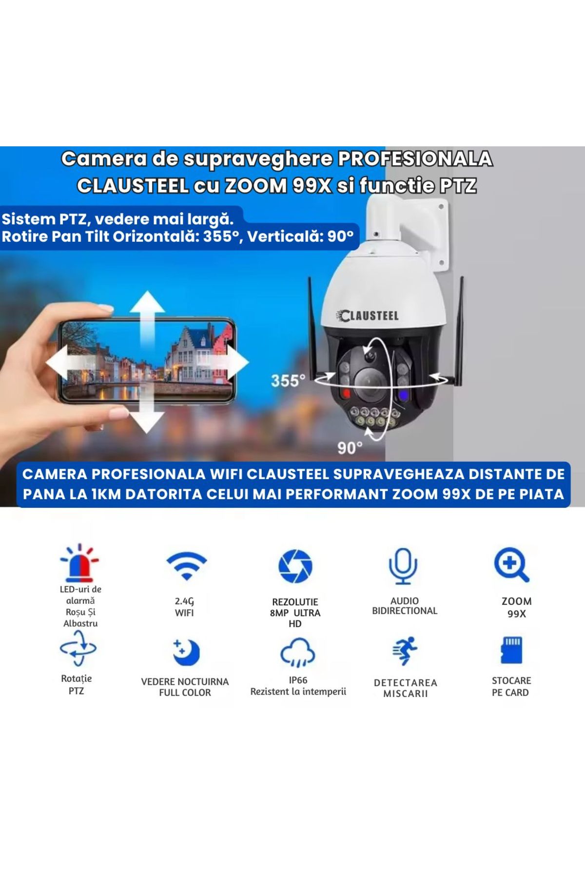 CLAUSTEEL-Professional WiFi Surveillance Camera with 99x Zoom, 8 MP, 4K, 1 KM View, 2