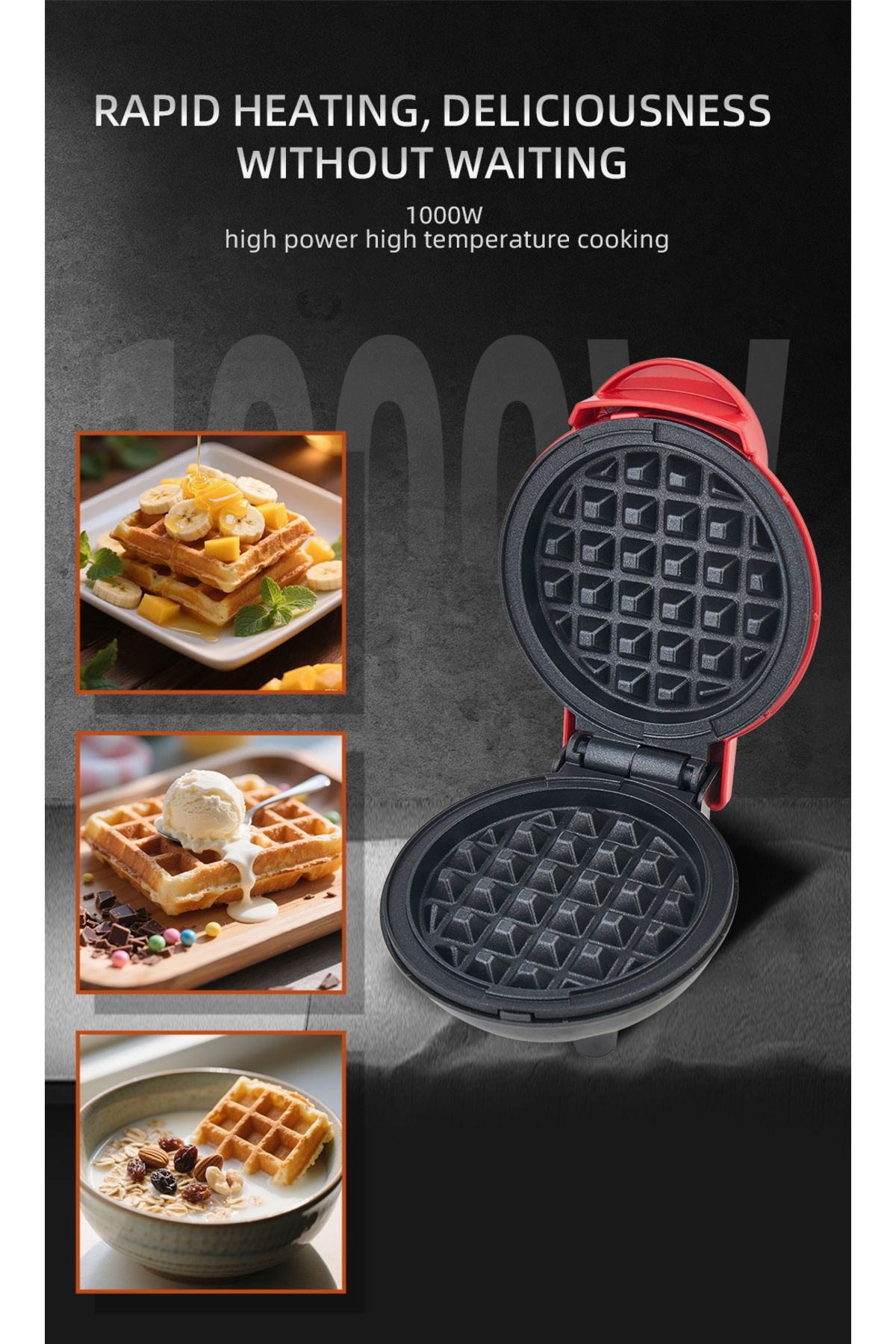 HALEY-® Mini Waffe Machine, 800W, Non-Stick Plates, Indicator Light, Compact Design, Red 9