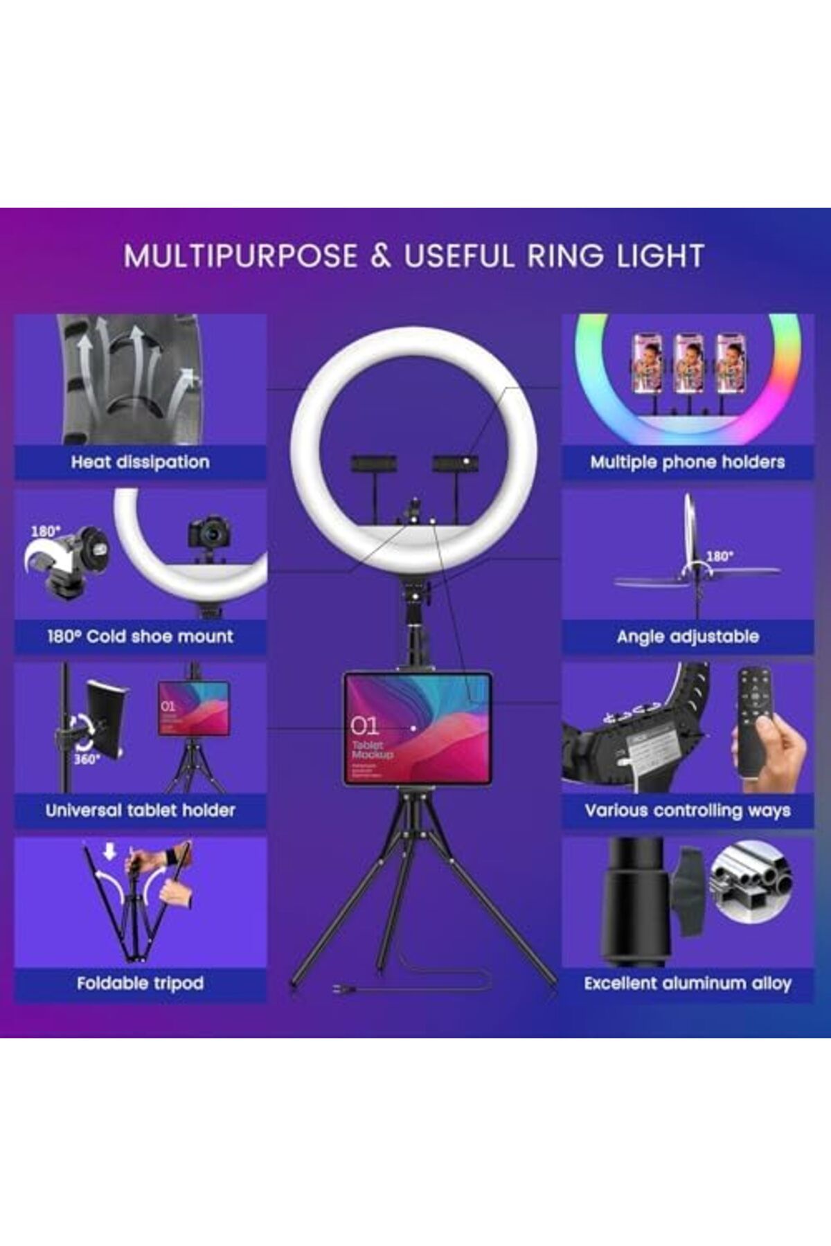 Generic-RGB LED Soft Ring Light MJ45 – 10" Dimmable Selfie Ring Light with 30 Lighting Modes, Adjustable T 8
