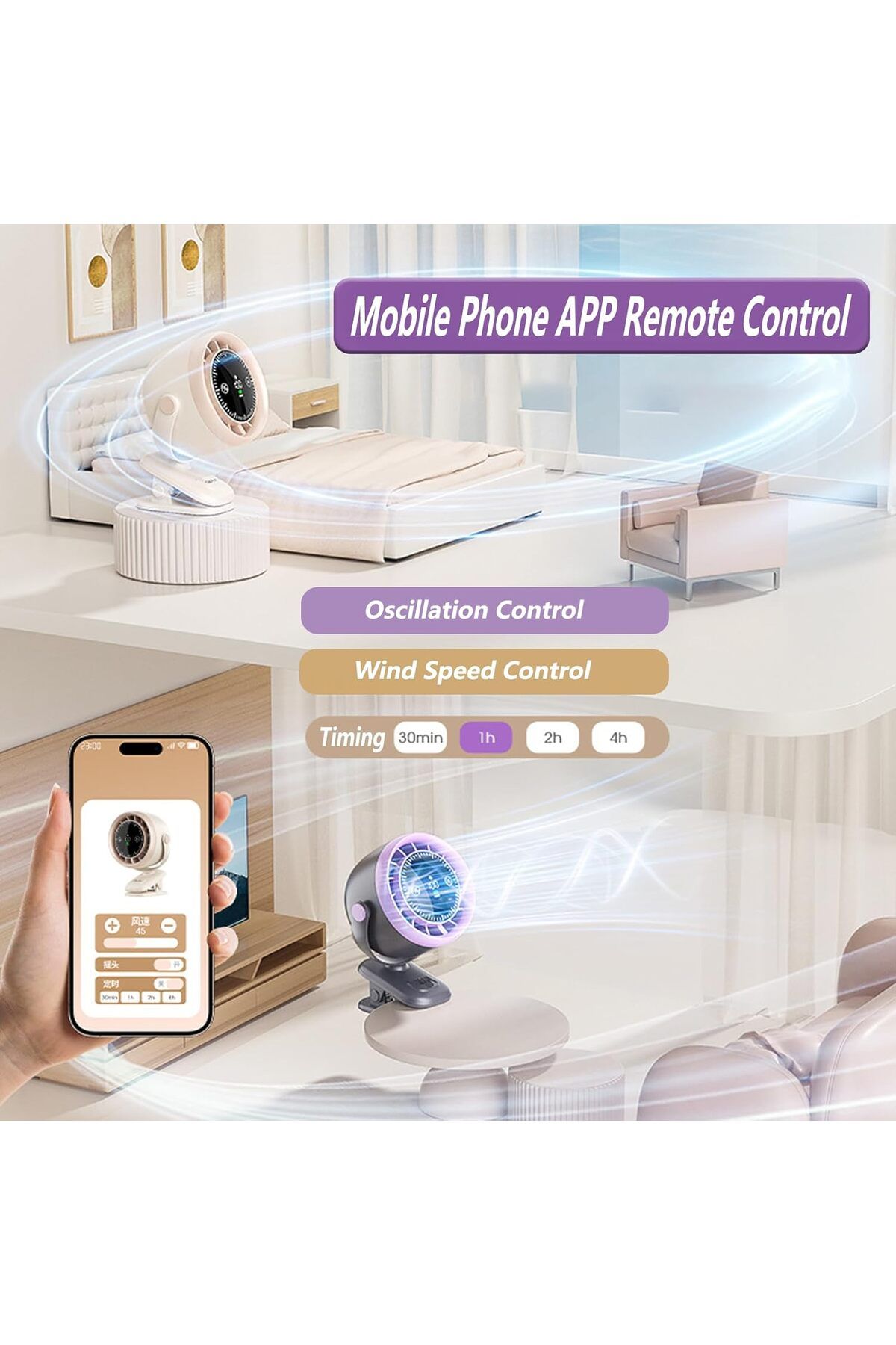 Shopi-Portable Desk Fan, APP Remote control oscillation table fan with smart LED display, 4-in-1 USB fan, 3