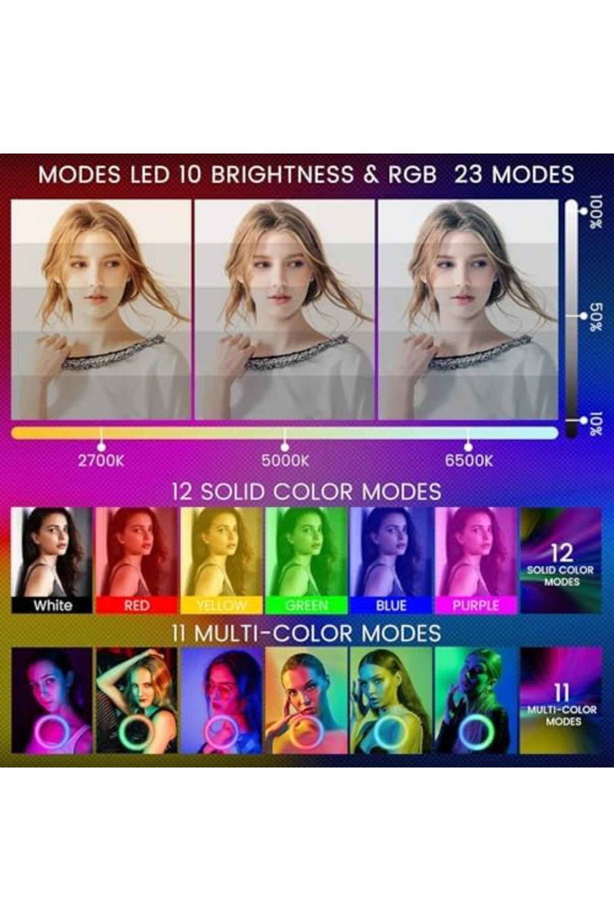 Generic-RGB LED Soft Ring Light MJ45 – 10" Dimmable Selfie Ring Light with 30 Lighting Modes, Adjustable T 6