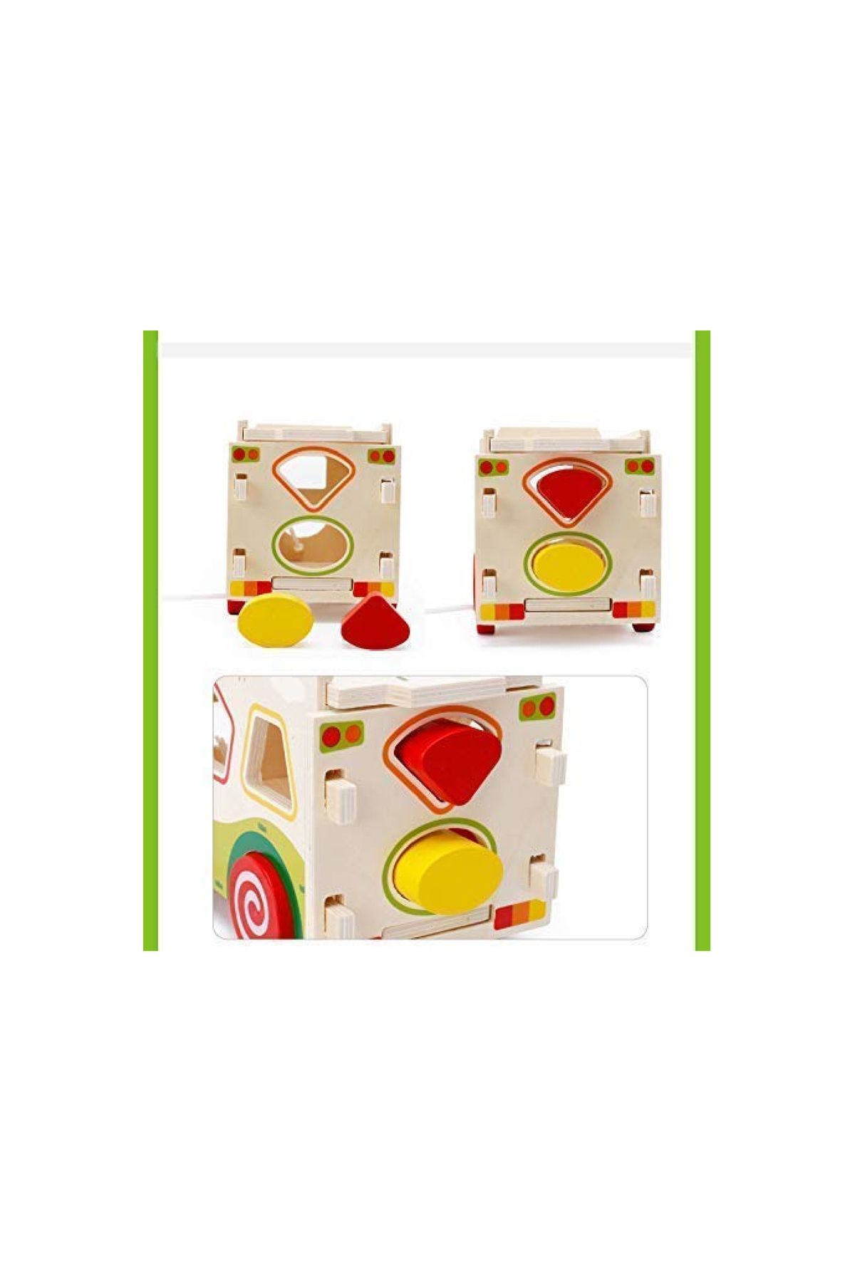 rexa-Wooden Shape Sorter Bus Toy – 13 Geometric Blocks with Pull String for Kids' Early Learning 3