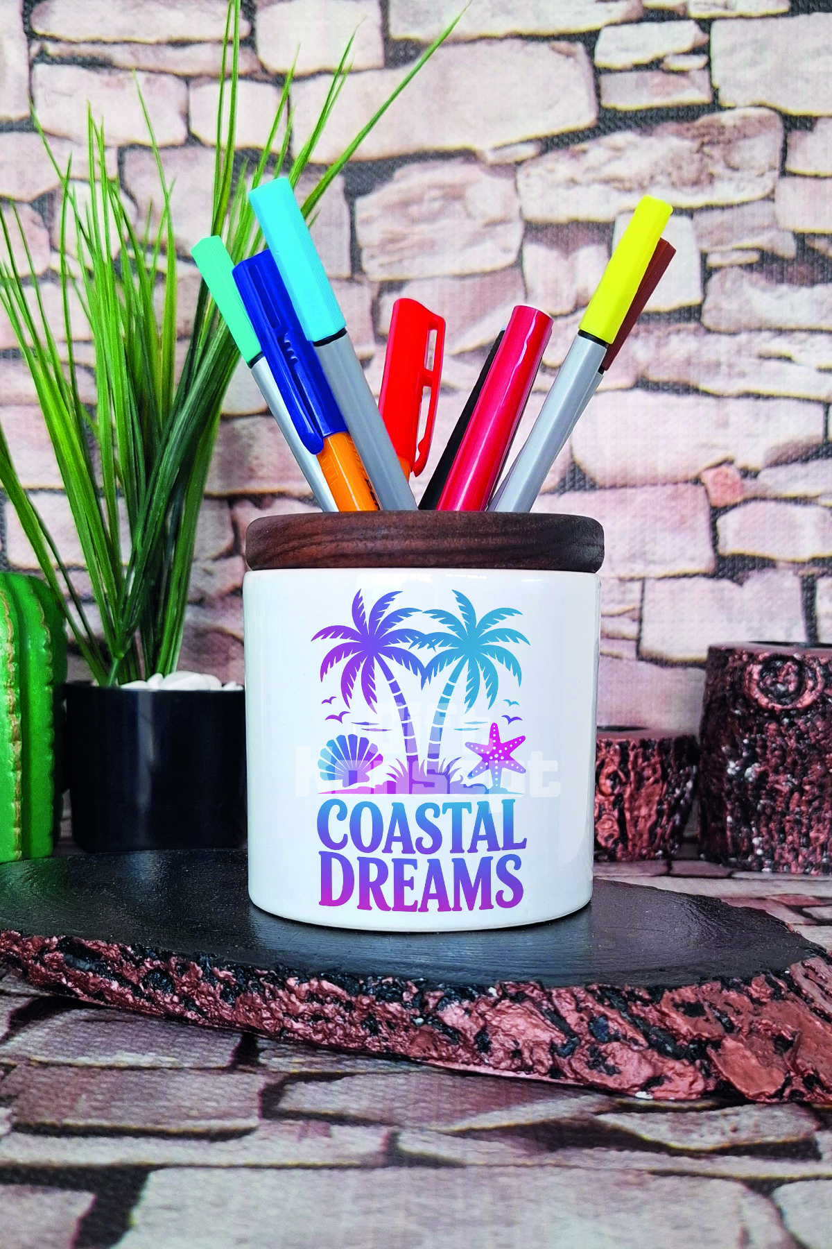 giftkonsept Suport Pentru Stilou Din Ceramică Imprimat Coastal Dreams Organizator De Birou - One Size