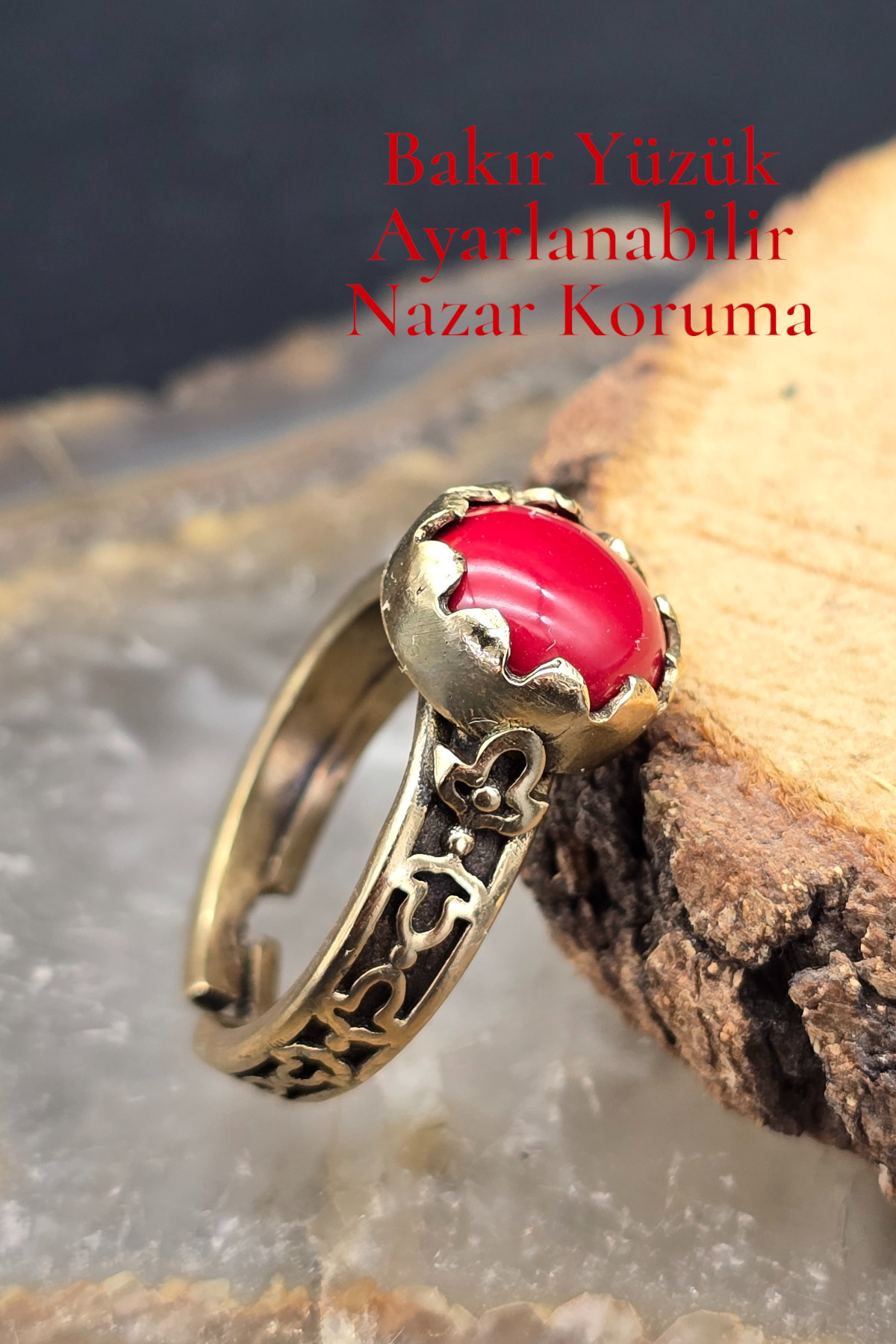 NBS Beautiful Naturel Stones Bakır Saf Yüzük Ayarlanabilir Taç Mercan Taşlı Tasarım Kaliteli ( Nazar ) ( Özel Gün, Hediyelik )