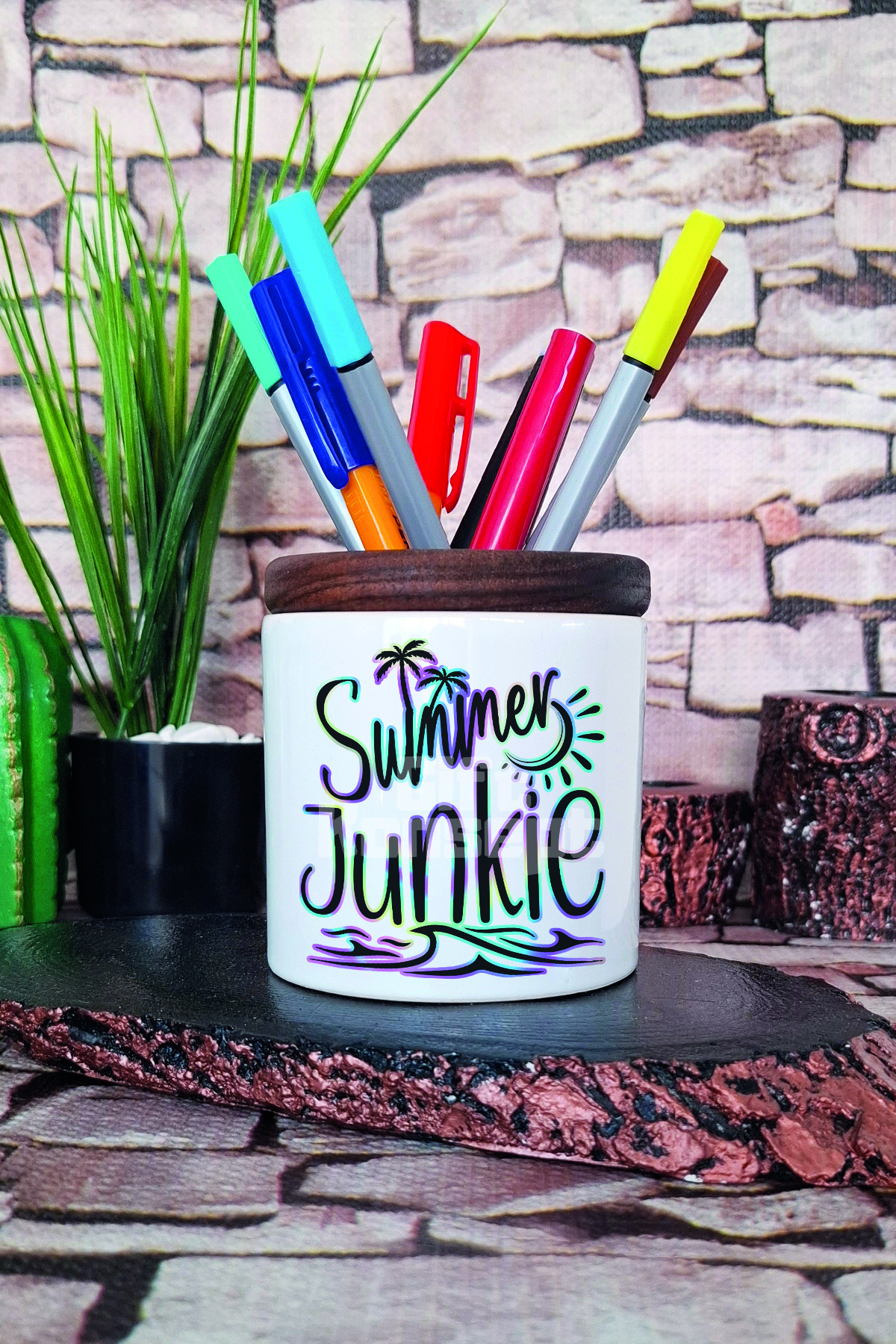 giftkonsept Suport Pentru Stilou Din Ceramică Imprimat Summer Junkie Organizator De Birou - One Size
