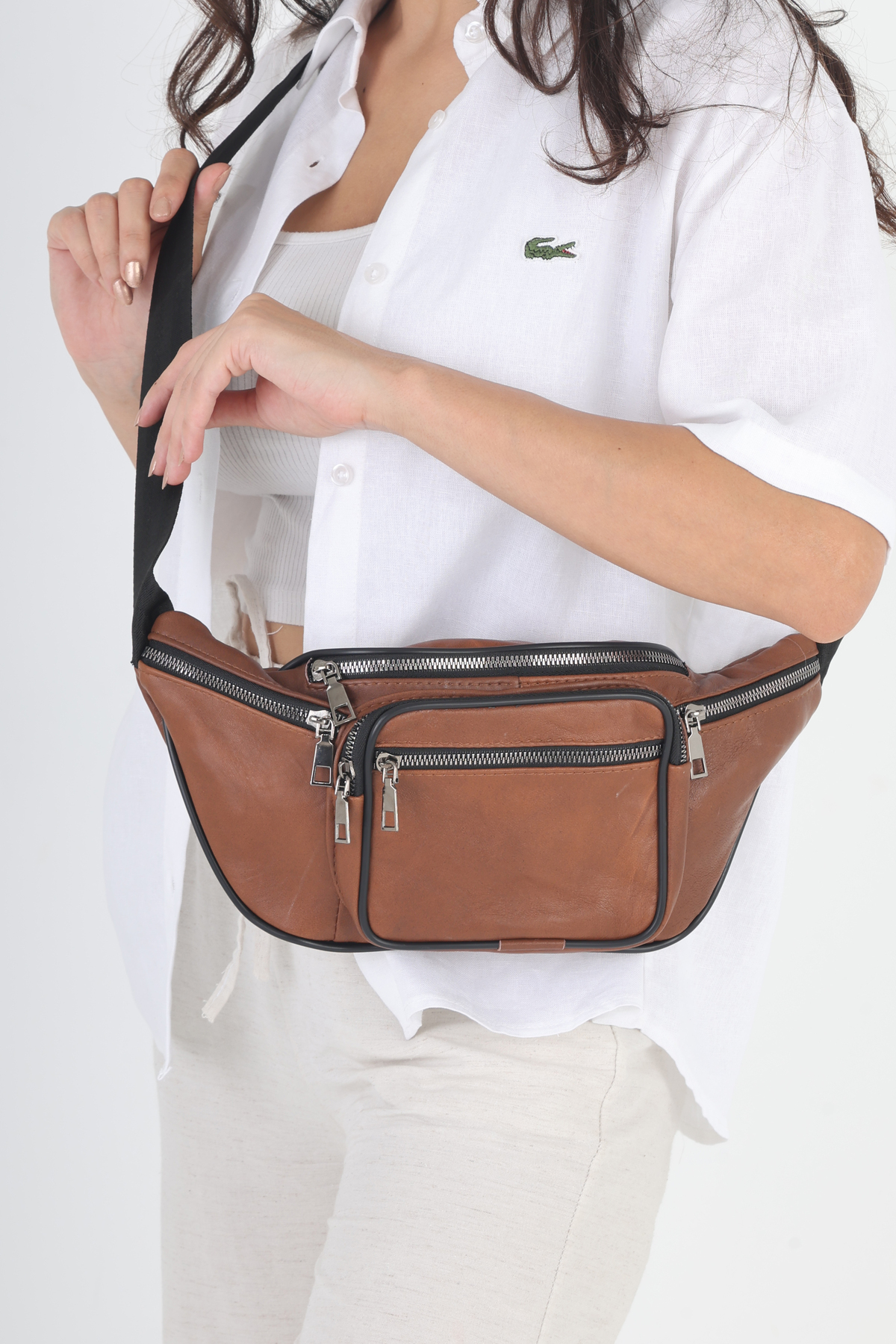 NahitaTyana Unisex Taba Çok Cepli Hakiki Deri Freebag Bel Çantası Ve Omuz Çantası görsel 2