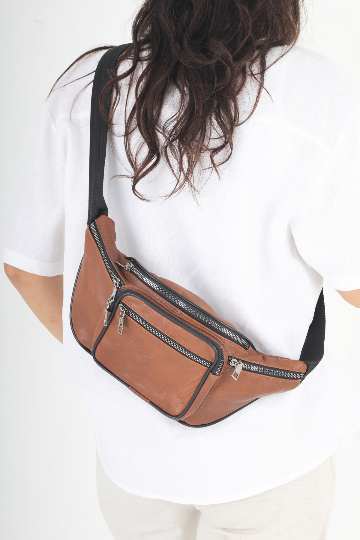 NahitaTyana Unisex Taba Çok Cepli Hakiki Deri Freebag Bel Çantası Ve Omuz Çantası görsel 4